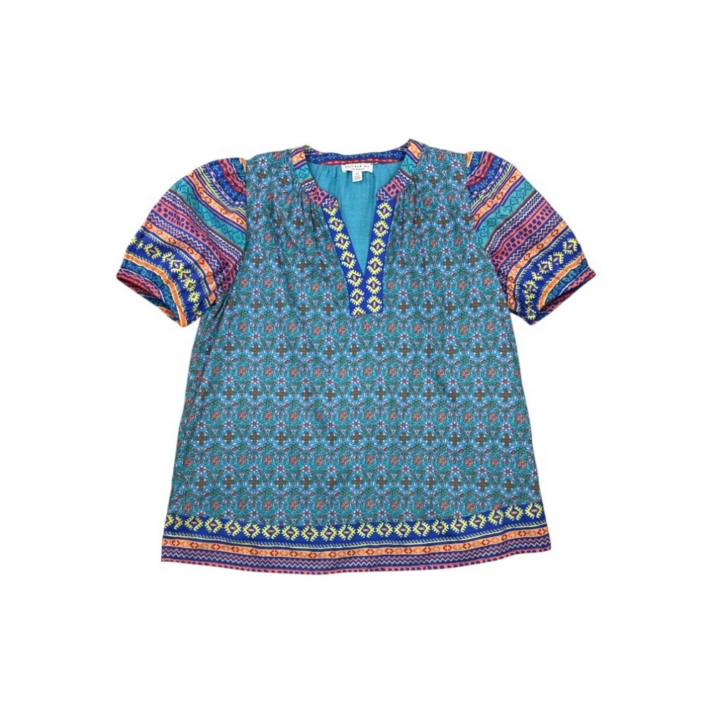 Current Air Los Angeles Floral Print Puff Sleeve Blouse Size XS Blue Boho Casual